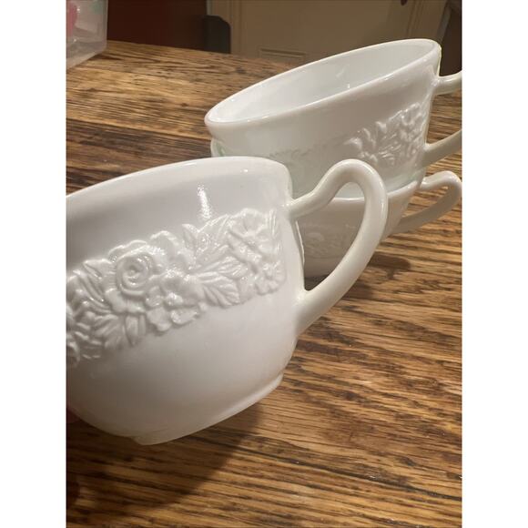 Vintage Vitrock White Milk Glass Teacups Floral Rose Embossed set of 3 - Picture 2 of 6